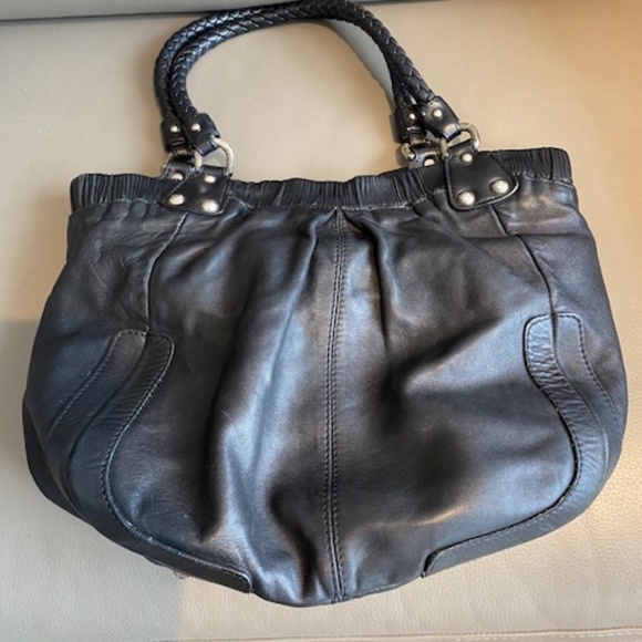 Stuart Weitzman black genuine leather shoulder bag satchel braided straps - Picture 2 of 16